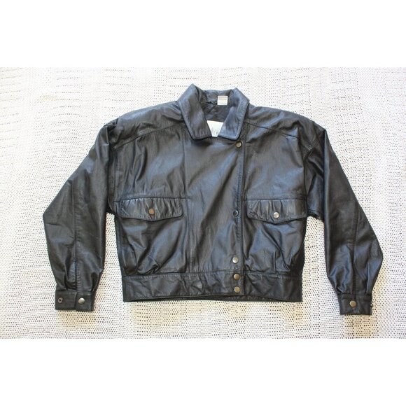 Vintage 80's Together Leather Bomber Black Jacket Small Motorcycle Pocket button - Picture 4 of 13